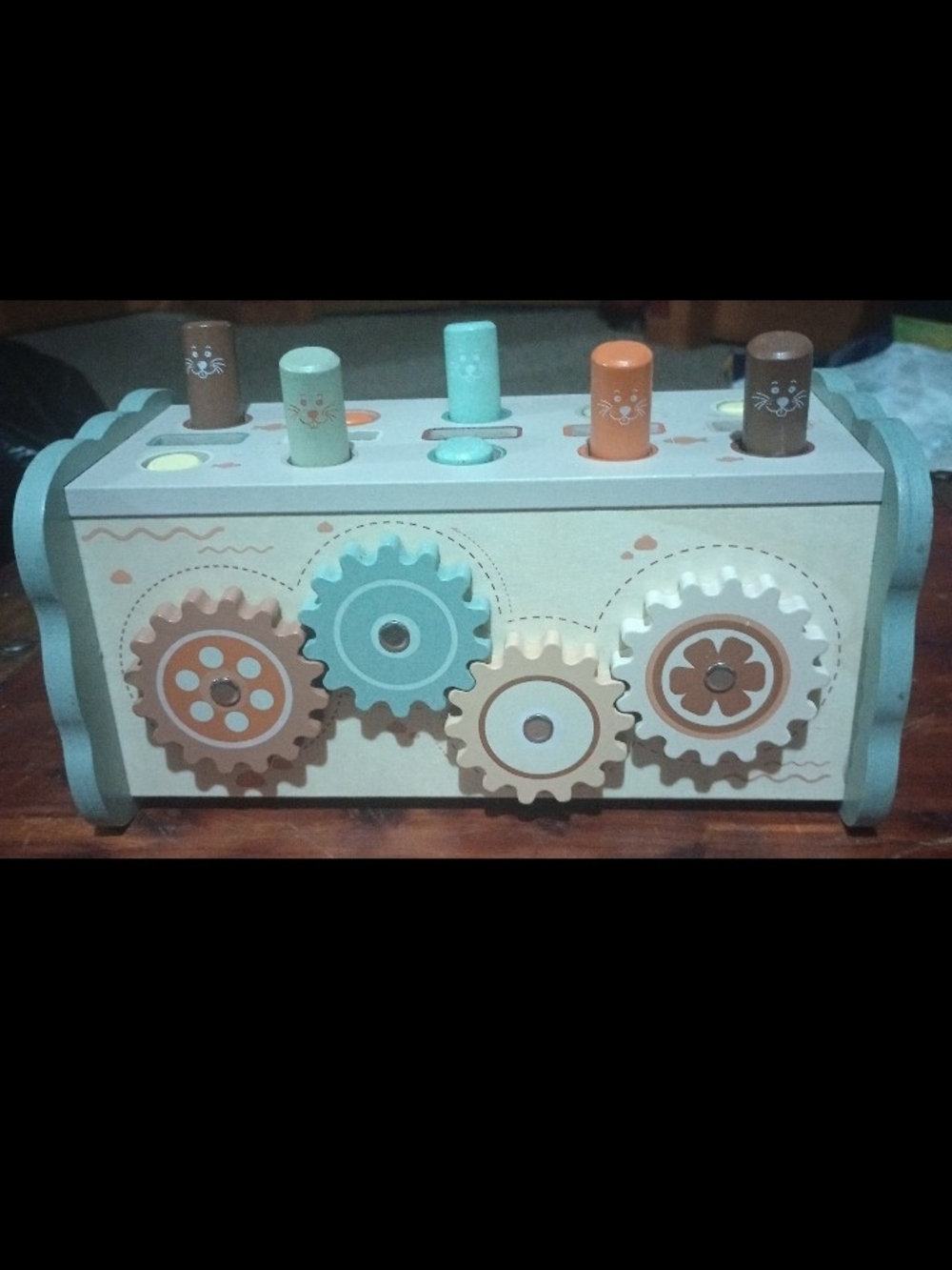 Wooden Peg and Gear Activity Toy - Pastel Blue, Cream & Brown